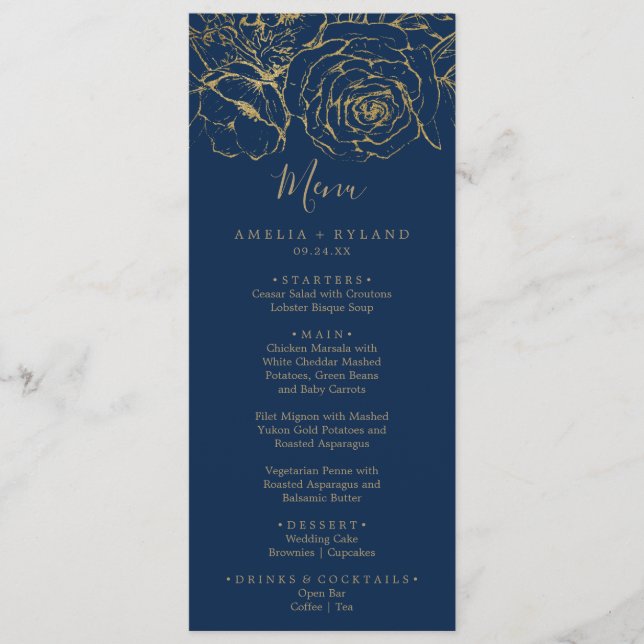 Gilded Floral | Navy and Gold Wedding Dinner Menu (Front)