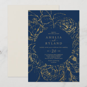 Gilded Floral Navy Blue and Gold Casual Wedding Invitation
