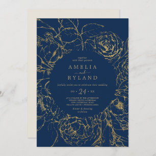 Gilded Floral   Navy Blue and Gold Casual Wedding Invitation