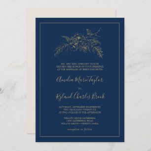 Gilded Floral   Navy Blue and Gold Formal Wedding Invitation