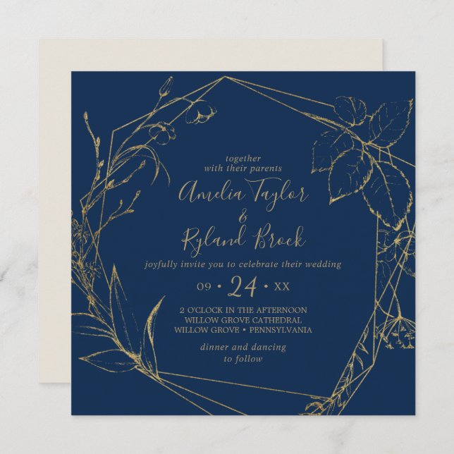 Gilded Floral | Navy Blue & Gold Geometric Wedding Invitation (Front/Back)