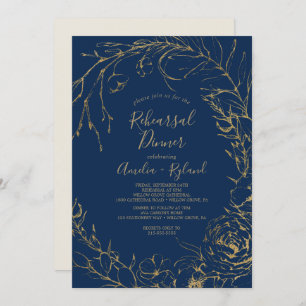 Gilded Floral   Navy Blue & Gold Rehearsal Dinner Invitation