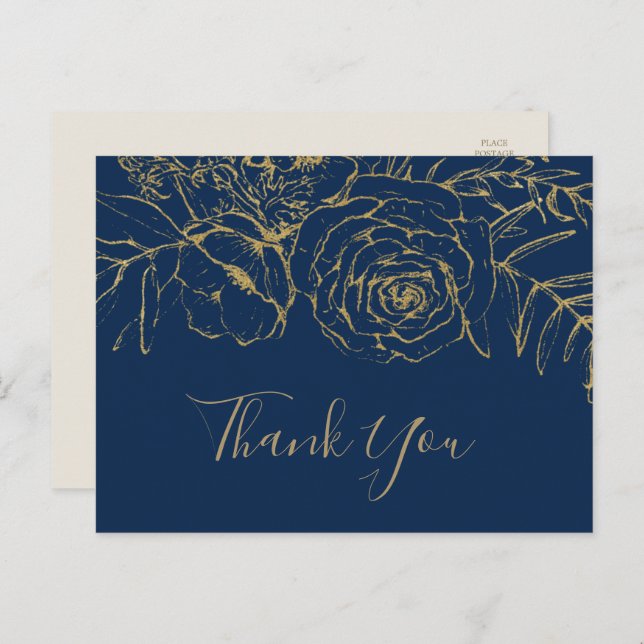 Gilded Floral Navy Blue & Gold Thank You Postcard (Front/Back)
