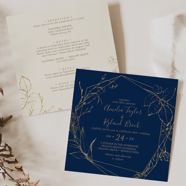 Gilded Floral Navy Gold All In One Square Wedding Invitation (Creator Uploaded)
