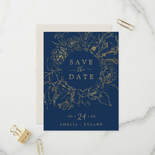 Gilded Floral Navy & Gold Save the Date Postcard
