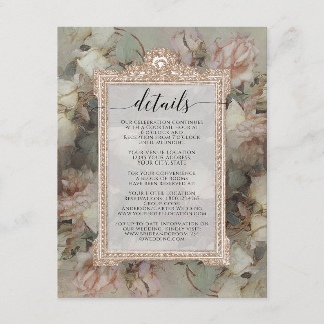 Gilded Floral Pink White Baroque Script Details Enclosure Card (Front)