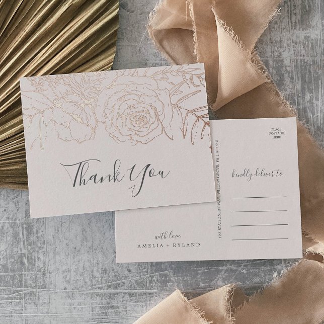 Gilded Floral | Rose Gold Foil and Pink Thank You Foil Invitation Postcard (Creator Uploaded)