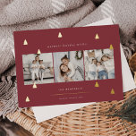 Gilded Forest | Elegant Christmas Photo Collage Foil Holiday Card<br><div class="desc">A modern and elegant Christmas holiday card design featuring three square photos aligned side by side on a cranberry red background dotted with gold foil pine trees. Personalize with your custom holiday greeting,  family name and the year.</div>