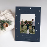 Gilded Forest | Elegant Christmas Photo Foil Holiday Card<br><div class="desc">A modern and elegant Christmas holiday card design featuring a single vertical photo on a navy blue background dotted with silver foil pine trees. Personalize with your custom holiday greeting,  family name and the year beneath.</div>