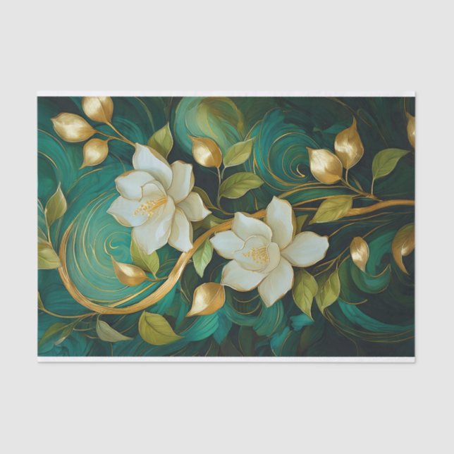 Gilded Gardenia Blooms, White Formal Tropical Tissue Paper (Front)