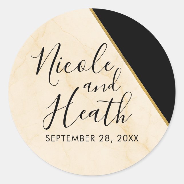 Gilded Geometry Luxe Ivory & Gold Marble Wedding  Classic Round Sticker (Front)