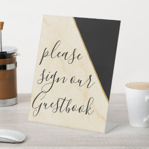 Gilded Geometry Luxe Ivory & Gold Marble Wedding  Pedestal Sign