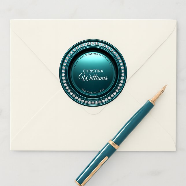Gilded Glamourous Diamond Teal Return Address Labe Classic Round Sticker (Creator Uploaded)