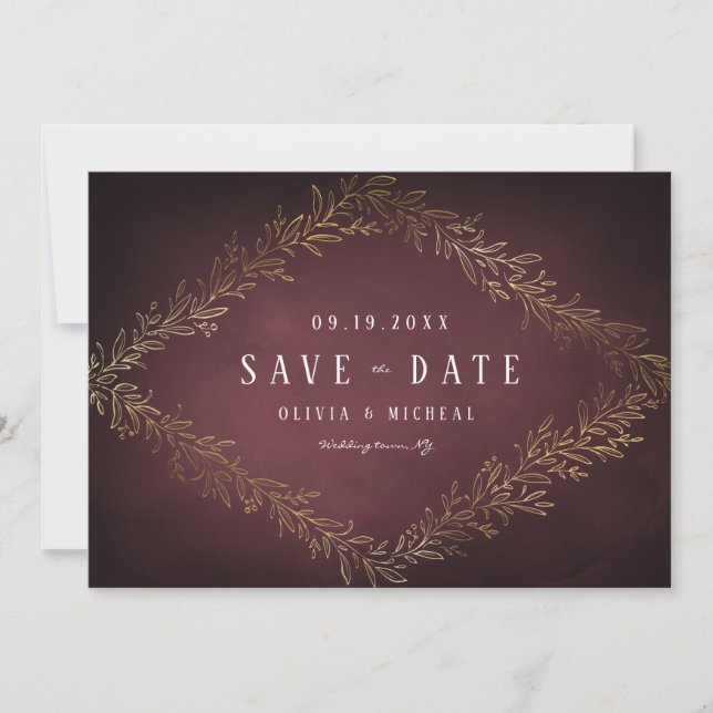Gilded gold burgundy botanical save the date (Front)