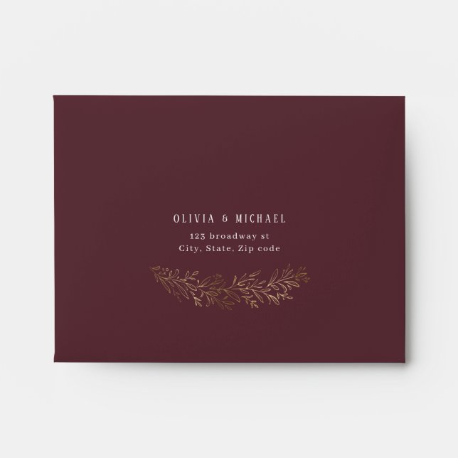 Gilded gold burgundy botanical wedding RSVP Envelope (Front)
