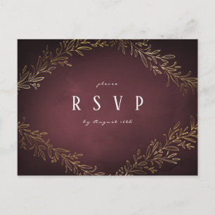 Gilded gold burgundy botanical wedding RSVP Invitation Postcard