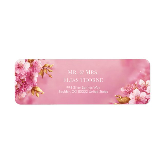 Gilded Gold Leaf Pink Cherry Blossom Return Address Label (Front)