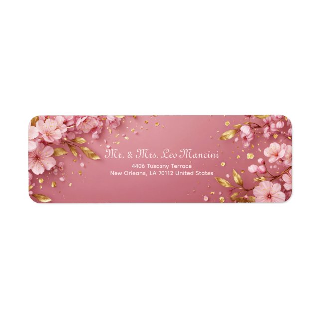 Gilded Gold Leaf Pink Cherry Blossom Return Address Label (Front)