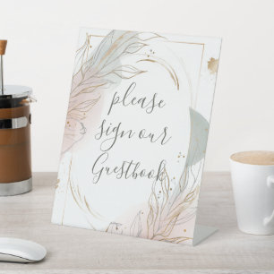 Gilded Gold Sage & Blush Botanical Wedding Pedestal Sign