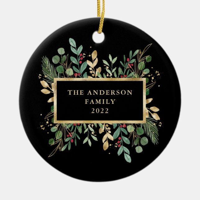 Gilded Greenery Black | Christmas Holiday Ceramic Ornament (Front)