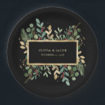 Gilded Greenery Black | Christmas Holiday Paper Plate<br><div class="desc">These stunning Christmas wedding or party paper plates feature holiday greenery and leaves with faux gold leaves and red holly berries,  and a centre gold frame on a modern black background.</div>