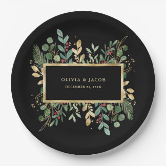 Gilded Greenery Black | Christmas Holiday Paper Plate