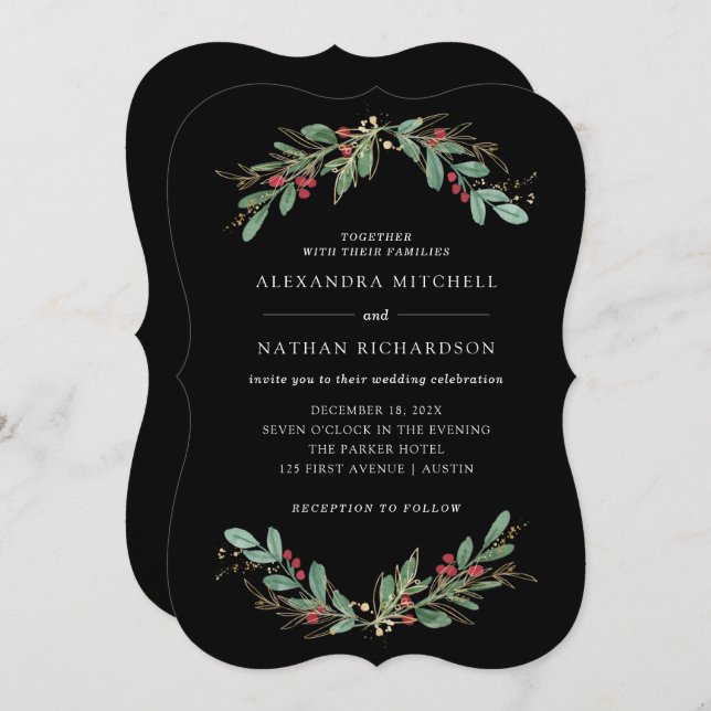 Gilded Greenery Black | Christmas Holiday Wedding  Invitation (Front/Back)