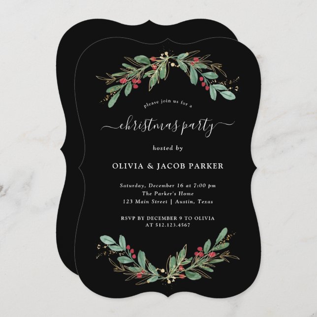 Gilded Greenery Black | Christmas or Holiday Party Invitation (Front/Back)