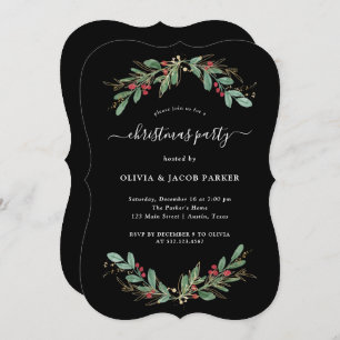 Gilded Greenery Black   Christmas or Holiday Party Invitation