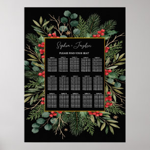 Gilded Greenery Black Christmas Wedding Seating Poster
