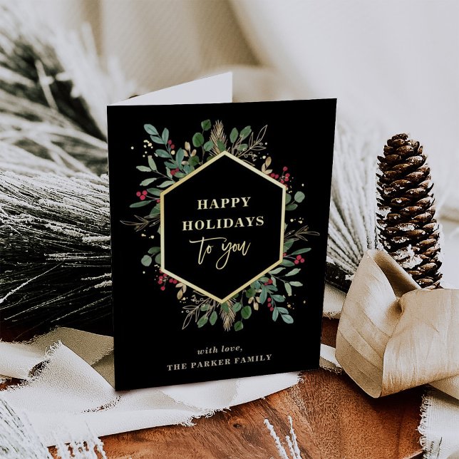 Gilded Greenery Black | Happy Holidays Gold Foil Holiday Card (Creator Uploaded)