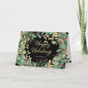 Gilded Greenery Black   Happy Holidays Holiday Card