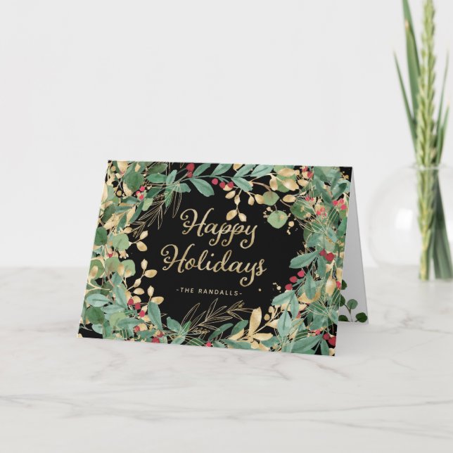 Gilded Greenery Black | Happy Holidays Holiday Card (Front)