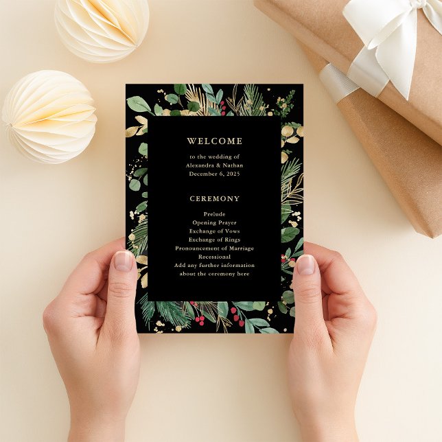 Gilded Greenery Black | Holiday Wedding Program (An elegant, dark black program with gold accents for your Christmas holiday wedding)