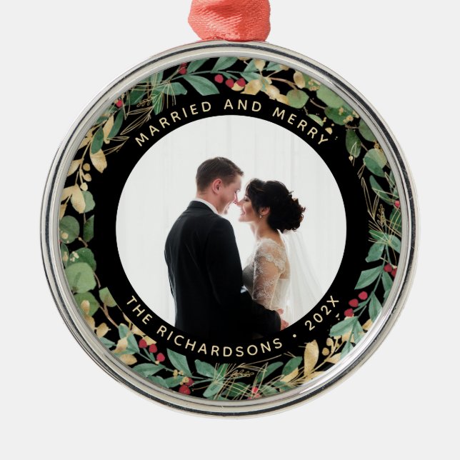 Gilded Greenery Black | Married and Merry Photo Metal Ornament (Front)