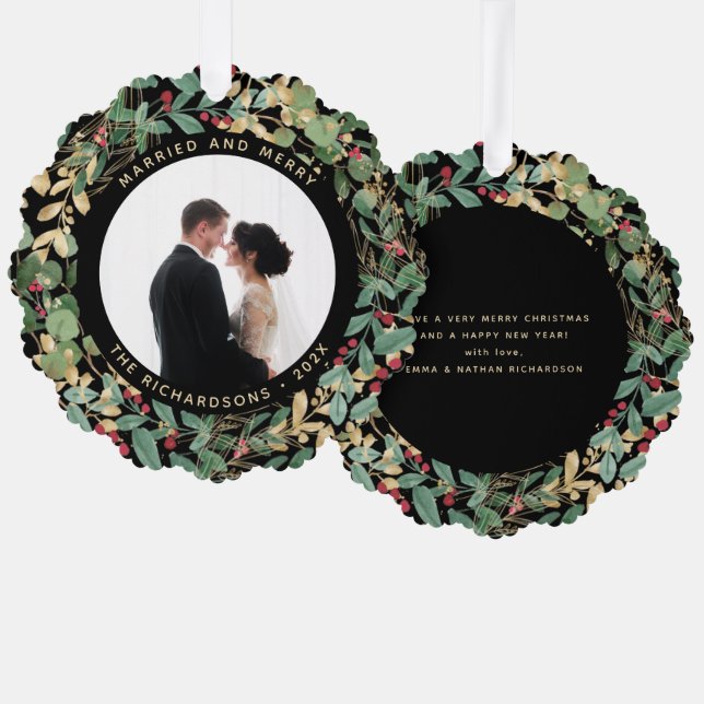 Gilded Greenery Black | Married and Merry Photo Tree Decoration Card (Front/Back)