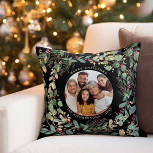 Gilded Greenery Black Merry Christmas with Photo Cushion