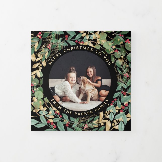Gilded Greenery Black | Multi Photo Christmas Tri-Fold Holiday Card (Cover)