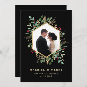 Gilded Greenery Geometric Married and Merry Photo Holiday Card