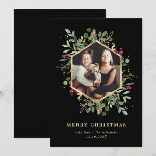 Gilded Greenery Geometric on Black Christmas Photo Holiday Card