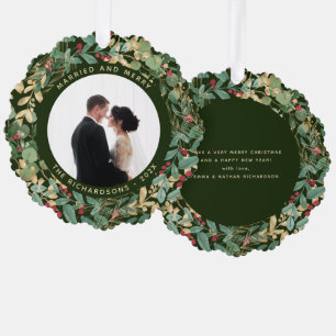 Gilded Greenery Green   Married and Merry Photo Tree Decoration Card