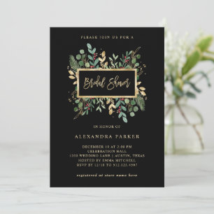 Gilded Greenery on Black   Christmas Bridal Shower Invitation