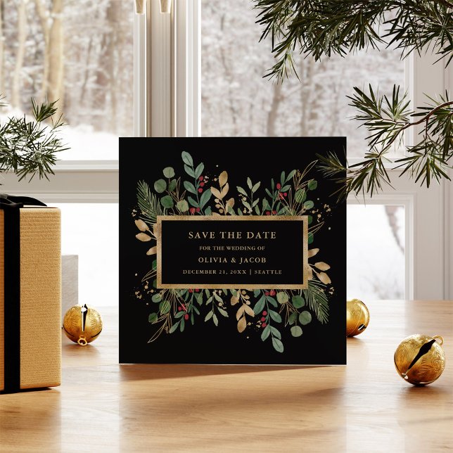 Gilded Greenery on Black | Christmas Holiday Photo Save The Date (A festive and elegant save the date card, with your photo on the back)