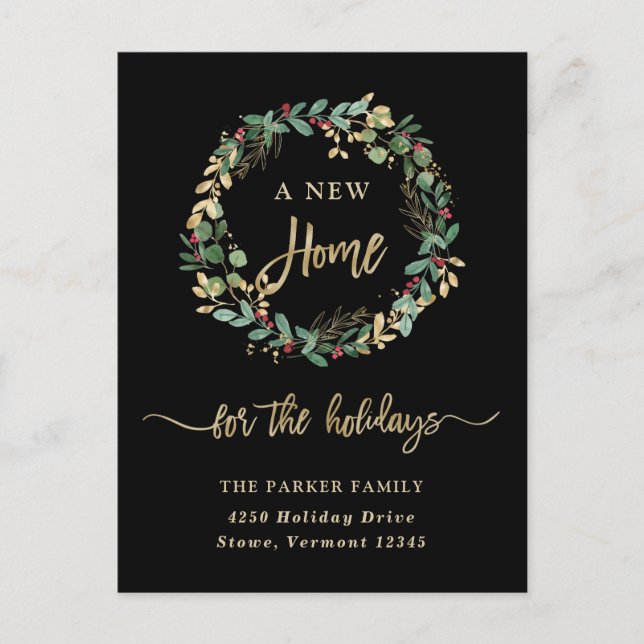 Gilded Greenery on Black | Christmas New Home Holiday Postcard (Front)