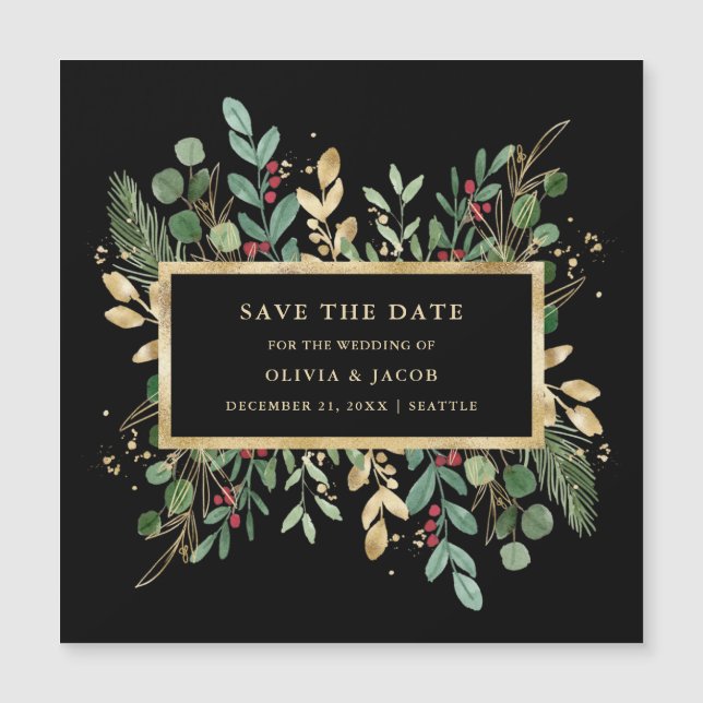 Gilded Greenery on Black | Christmas Save the Date Magnetic Invitation (Front)