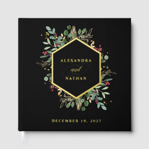 Gilded Greenery on Black   Christmas Wedding Gold Guest Book