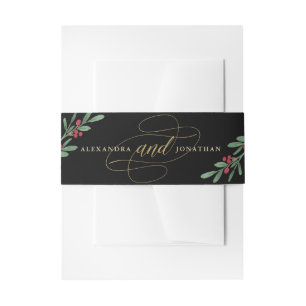 Gilded Greenery on Black Christmas Wedding Invitation Belly Band