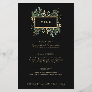 Gilded Greenery on Black Christmas Wedding Menu