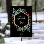 Gilded Greenery on Black | Christmas Wedding Table Number<br><div class="desc">These gorgeous holiday wedding table numbers feature a faux gold geometric frame with matching gold leaves,  Christmas greenery,  and red holly berries on a modern black background. Perfect for your elegant winter wedding.</div>