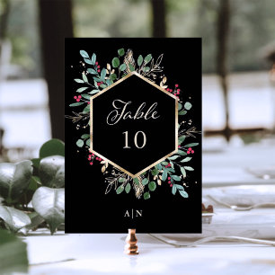 Gilded Greenery on Black   Christmas Wedding Table Number